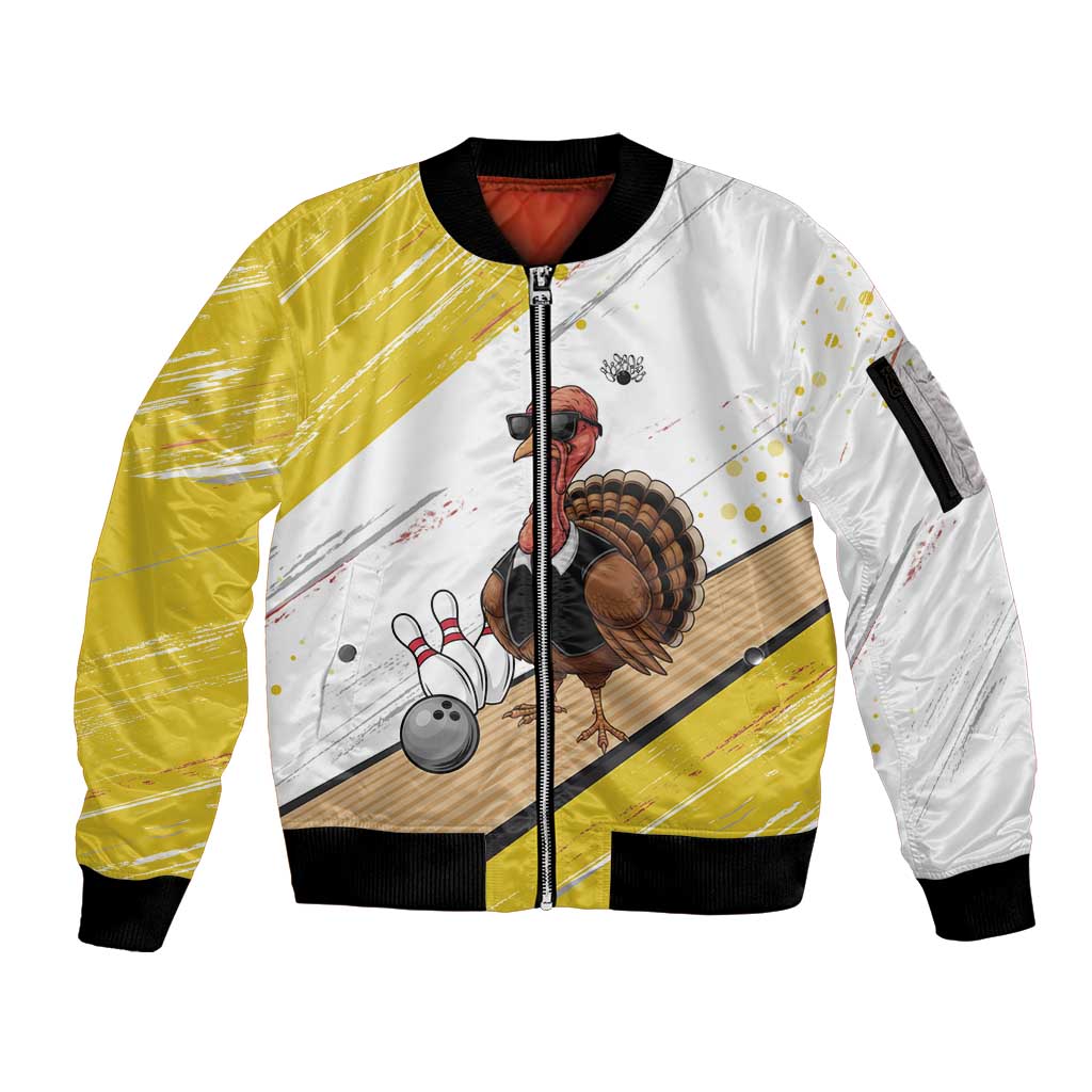 Personalized Funny Turkey Bowling Sleeve Zip Bomber Jacket with Cool Sunglasses Pins Yellow and White - Wonder Print Shop