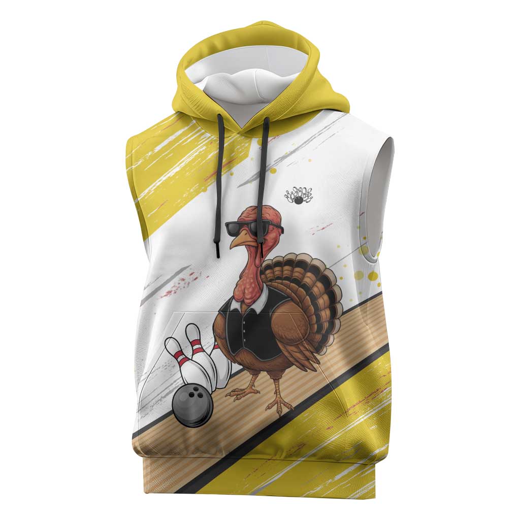Personalized Funny Turkey Bowling Sleeveless Hoodie with Cool Sunglasses Pins Yellow and White - Wonder Print Shop