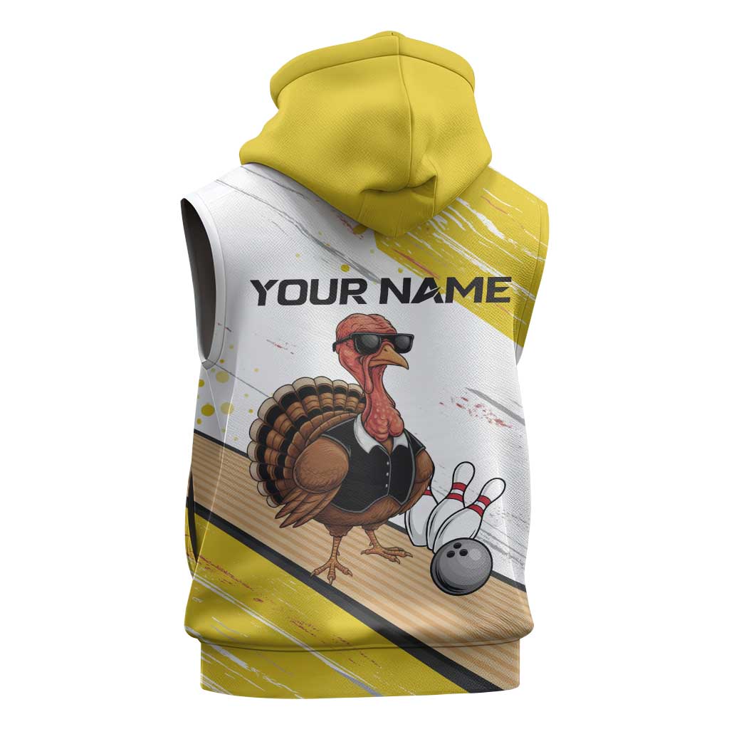 Personalized Funny Turkey Bowling Sleeveless Hoodie with Cool Sunglasses Pins Yellow and White - Wonder Print Shop