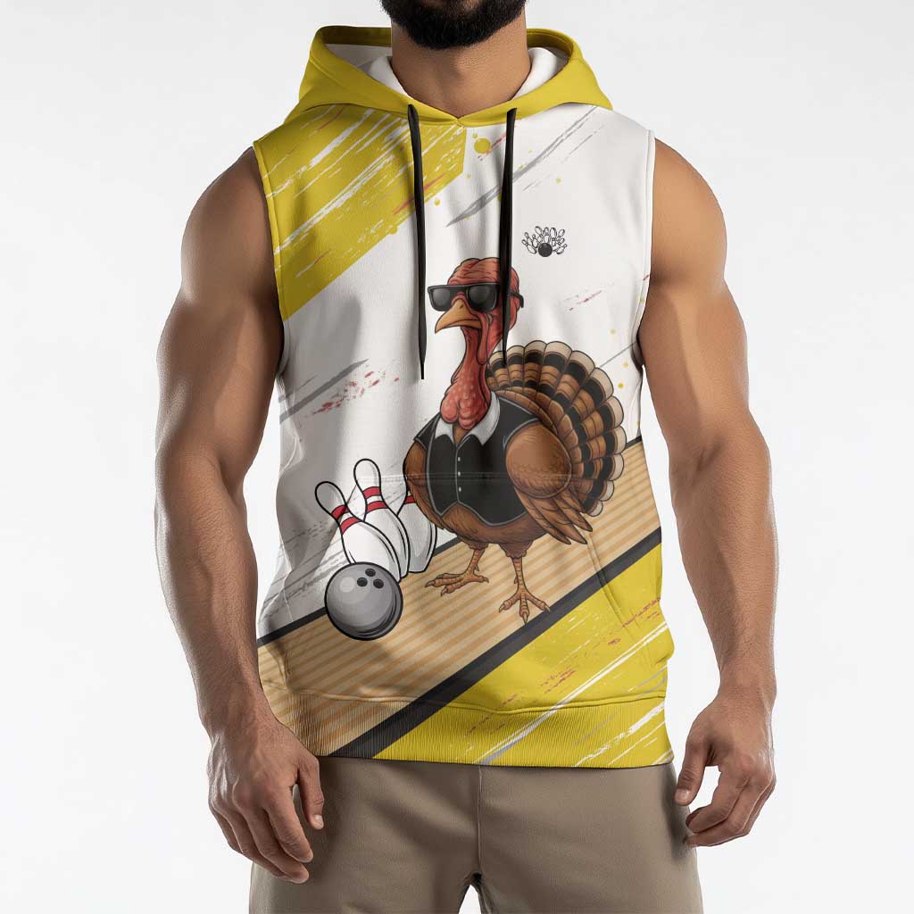 Personalized Funny Turkey Bowling Sleeveless Hoodie with Cool Sunglasses Pins Yellow and White - Wonder Print Shop