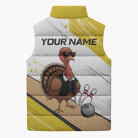 Personalized Funny Turkey Bowling Sleeveless Puffer Jacket with Cool Sunglasses Pins Yellow and White - Wonder Print Shop