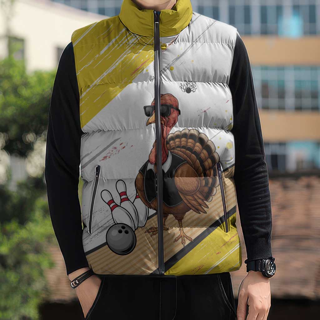 Personalized Funny Turkey Bowling Sleeveless Puffer Jacket with Cool Sunglasses Pins Yellow and White - Wonder Print Shop