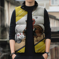 Personalized Funny Turkey Bowling Sleeveless Puffer Jacket with Cool Sunglasses Pins Yellow and White - Wonder Print Shop