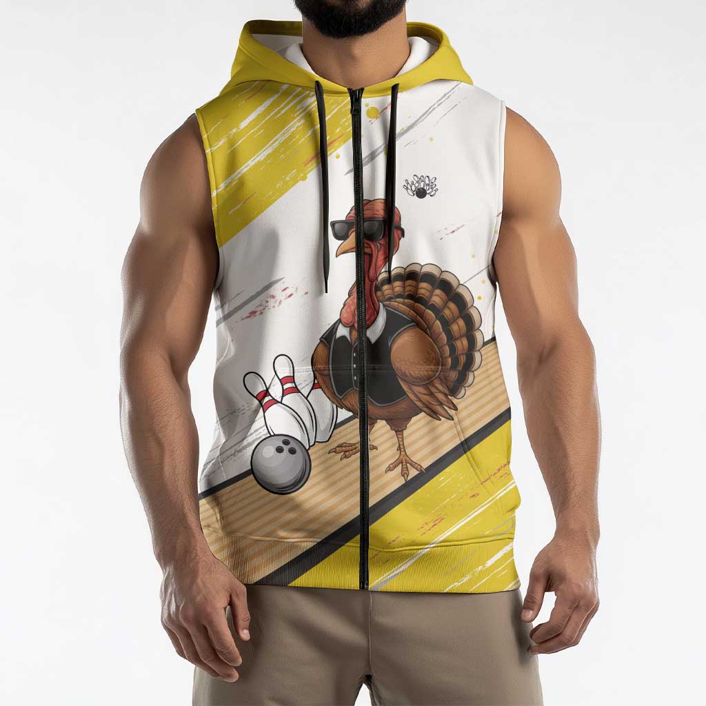 Personalized Funny Turkey Bowling Sleeveless Zip Hoodie with Cool Sunglasses Pins Yellow and White - Wonder Print Shop