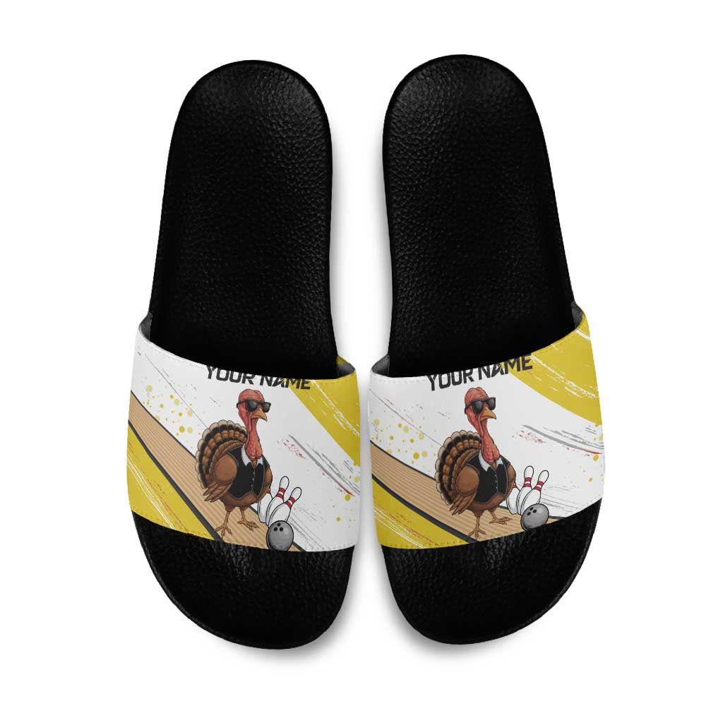 Personalized Funny Turkey Bowling Slide Sandals with Cool Sunglasses Pins Yellow and White - Wonder Print Shop