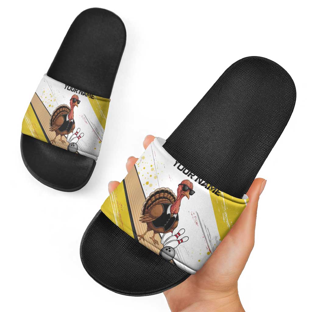 Personalized Funny Turkey Bowling Slide Sandals with Cool Sunglasses Pins Yellow and White - Wonder Print Shop