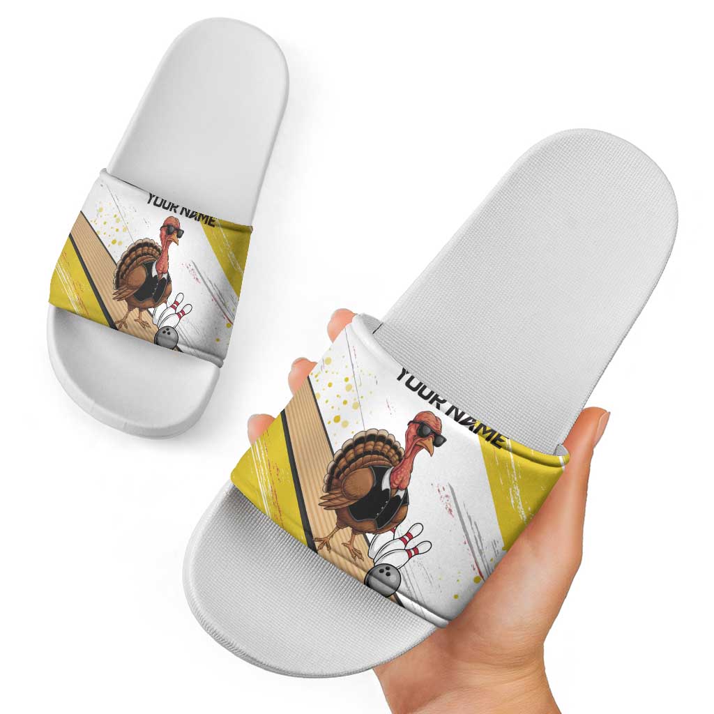Personalized Funny Turkey Bowling Slide Sandals with Cool Sunglasses Pins Yellow and White - Wonder Print Shop