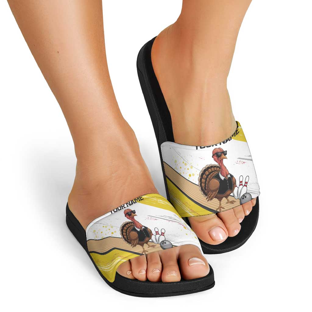 Personalized Funny Turkey Bowling Slide Sandals with Cool Sunglasses Pins Yellow and White - Wonder Print Shop