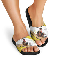 Personalized Funny Turkey Bowling Slide Sandals with Cool Sunglasses Pins Yellow and White - Wonder Print Shop