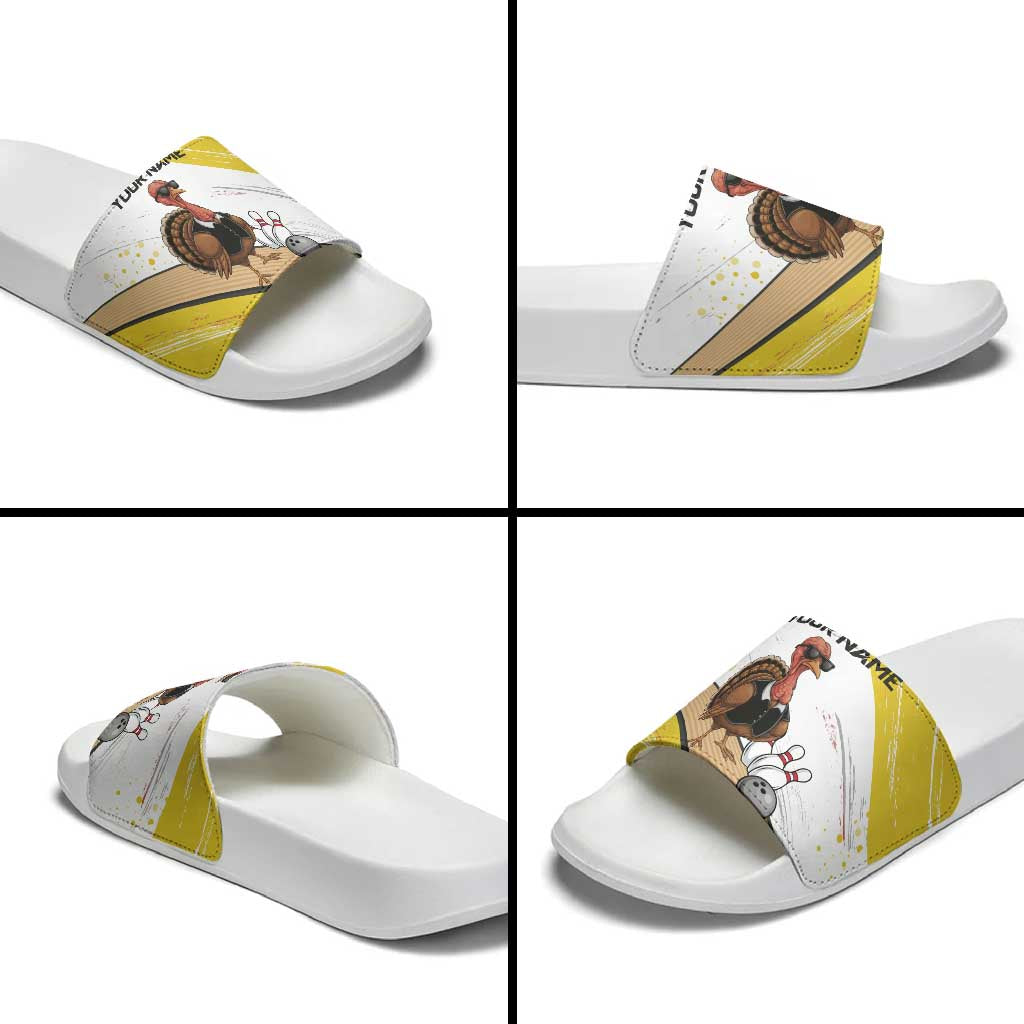 Personalized Funny Turkey Bowling Slide Sandals with Cool Sunglasses Pins Yellow and White - Wonder Print Shop