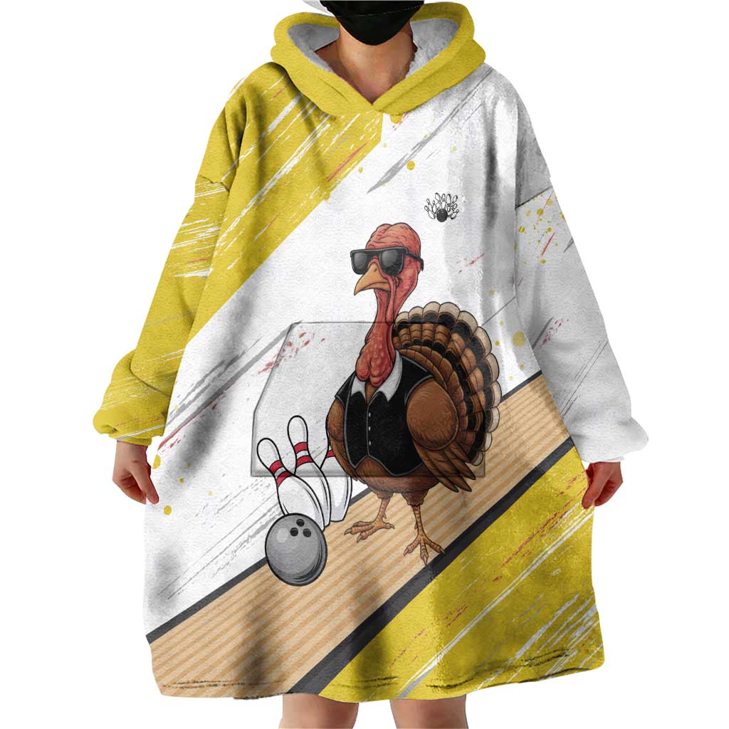 Personalized Funny Turkey Bowling Wearable Blanket Hoodie with Cool Sunglasses Pins Yellow and White - Wonder Print Shop