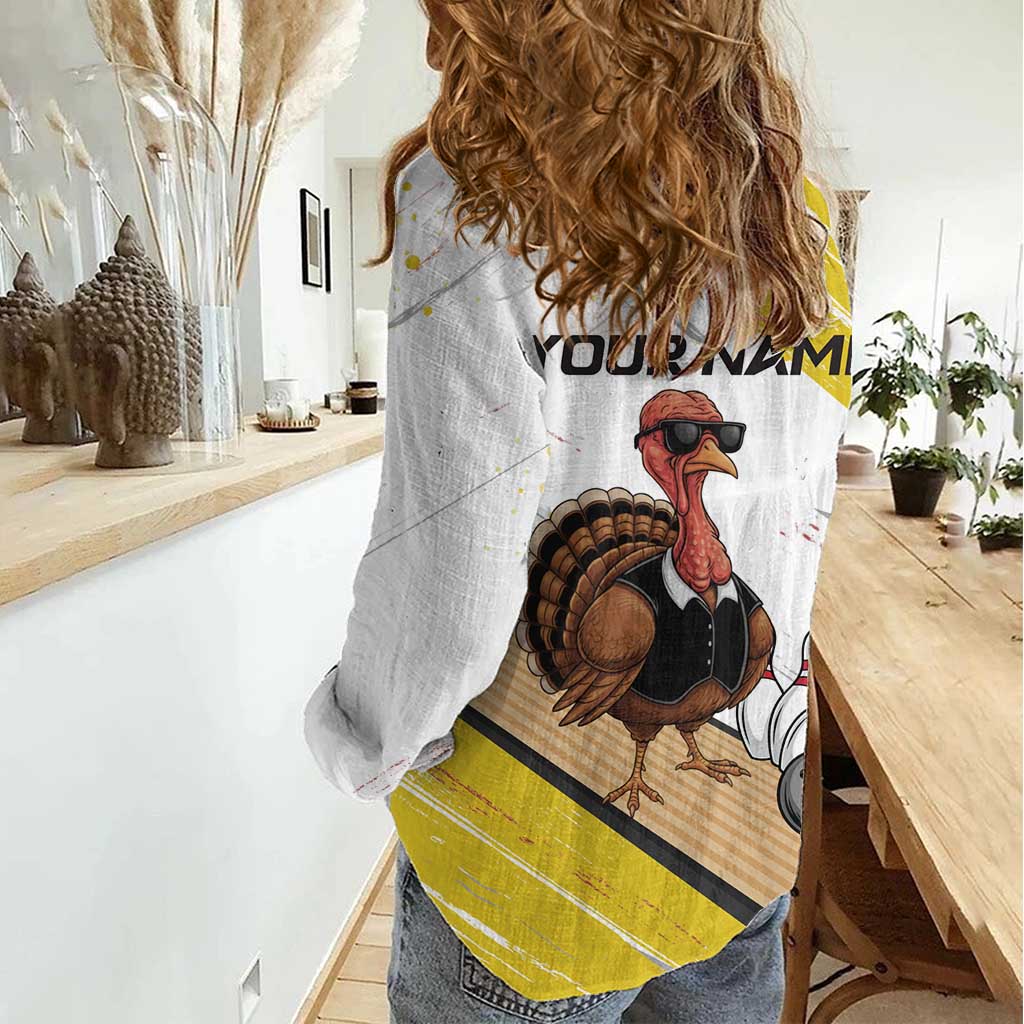 Personalized Funny Turkey Bowling Women Casual Shirt with Cool Sunglasses Pins Yellow and White - Wonder Print Shop