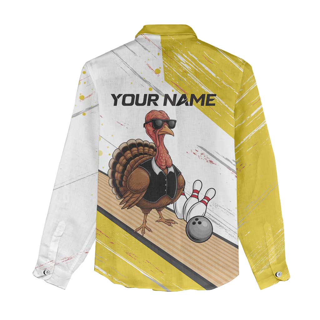 Personalized Funny Turkey Bowling Women Casual Shirt with Cool Sunglasses Pins Yellow and White - Wonder Print Shop