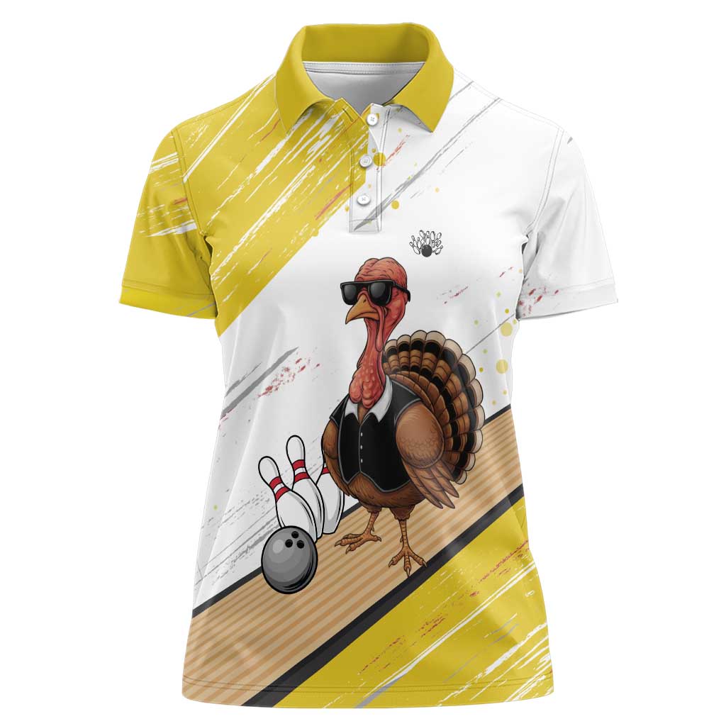 Personalized Funny Turkey Bowling Women Polo Shirt with Cool Sunglasses Pins Yellow and White - Wonder Print Shop