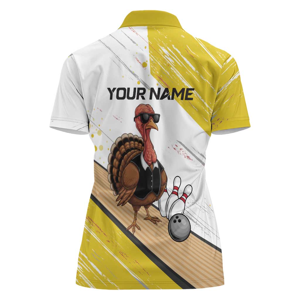 Personalized Funny Turkey Bowling Women Polo Shirt with Cool Sunglasses Pins Yellow and White - Wonder Print Shop