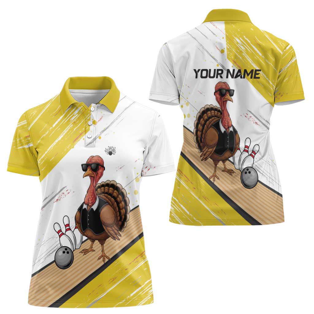Personalized Funny Turkey Bowling Women Polo Shirt with Cool Sunglasses Pins Yellow and White - Wonder Print Shop