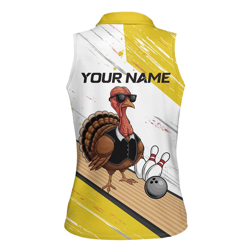 Personalized Funny Turkey Bowling Women Sleeveless Polo Shirt with Cool Sunglasses Pins Yellow and White - Wonder Print Shop