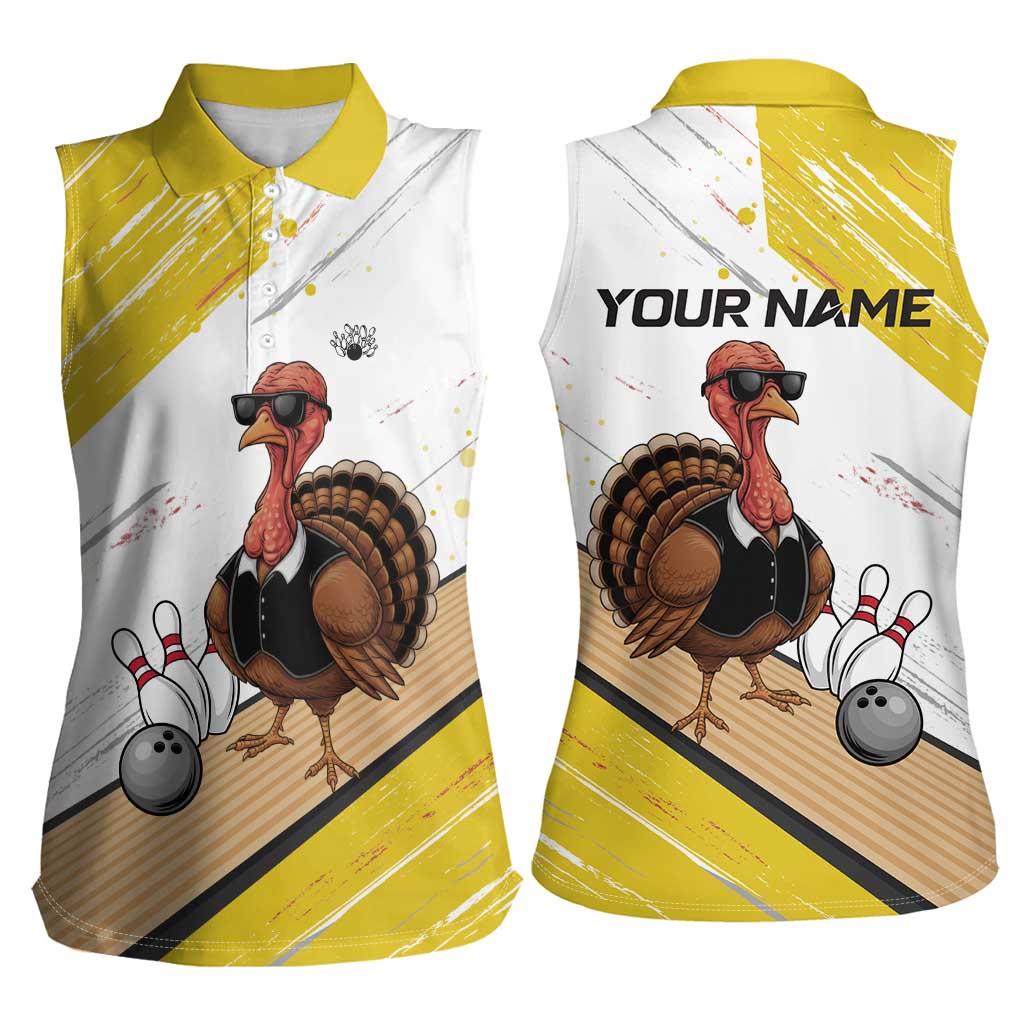 Personalized Funny Turkey Bowling Women Sleeveless Polo Shirt with Cool Sunglasses Pins Yellow and White - Wonder Print Shop