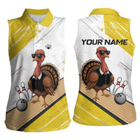 Personalized Funny Turkey Bowling Women Sleeveless Polo Shirt with Cool Sunglasses Pins Yellow and White - Wonder Print Shop