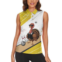 Personalized Funny Turkey Bowling Women Sleeveless Polo Shirt with Cool Sunglasses Pins Yellow and White - Wonder Print Shop