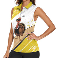 Personalized Funny Turkey Bowling Women Sleeveless Polo Shirt with Cool Sunglasses Pins Yellow and White - Wonder Print Shop