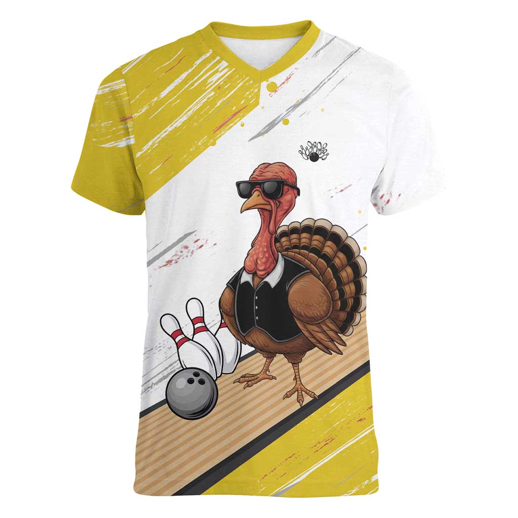 Personalized Funny Turkey Bowling Women V-Neck T-Shirt with Cool Sunglasses Pins Yellow and White - Wonder Print Shop