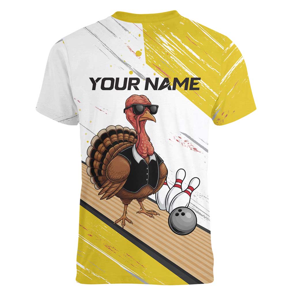 Personalized Funny Turkey Bowling Women V-Neck T-Shirt with Cool Sunglasses Pins Yellow and White - Wonder Print Shop