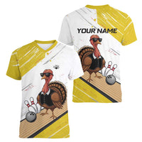 Personalized Funny Turkey Bowling Women V-Neck T-Shirt with Cool Sunglasses Pins Yellow and White - Wonder Print Shop