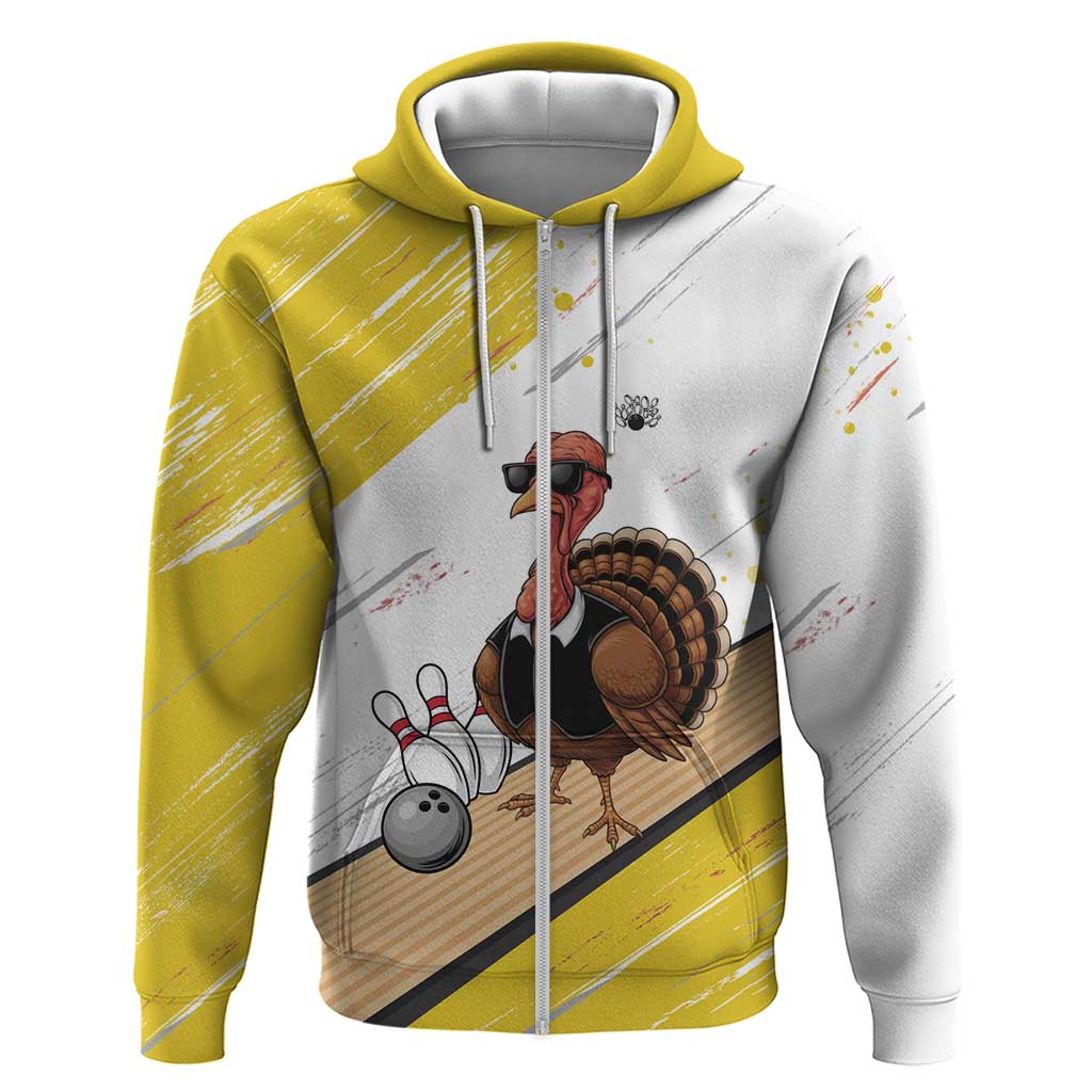 Personalized Funny Turkey Bowling Zip Hoodie with Cool Sunglasses Pins Yellow and White - Wonder Print Shop