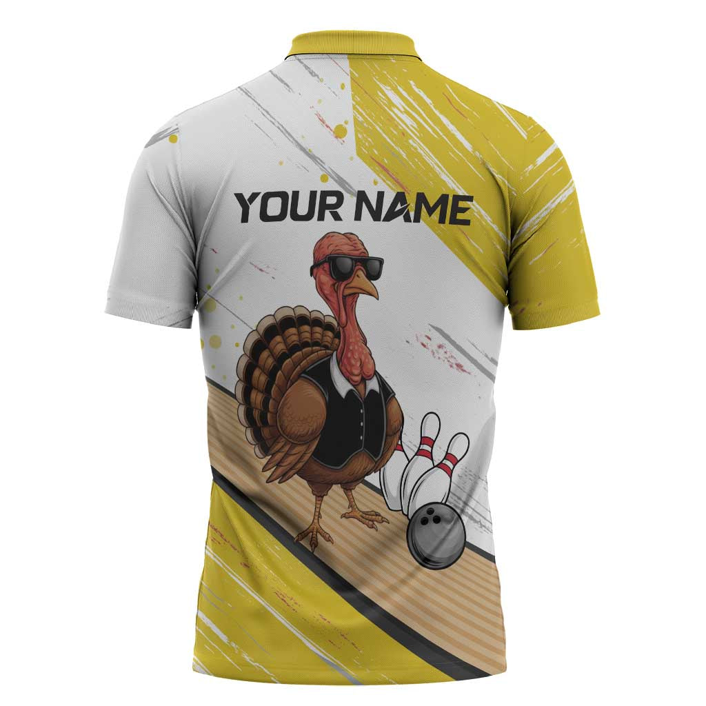 Personalized Funny Turkey Bowling Zipper Polo Shirt with Cool Sunglasses Pins Yellow and White - Wonder Print Shop