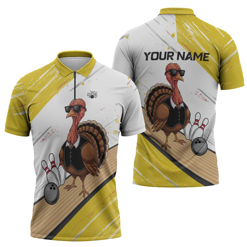 Personalized Funny Turkey Bowling Zipper Polo Shirt with Cool Sunglasses Pins Yellow and White - Wonder Print Shop
