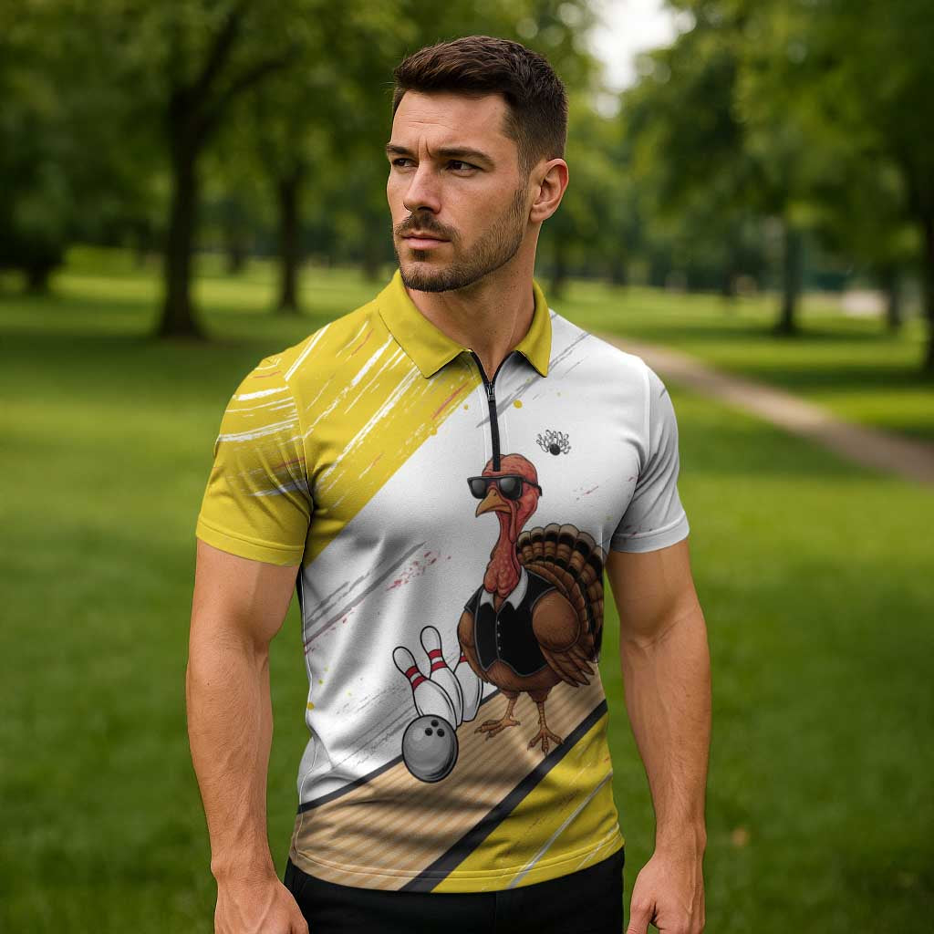 Personalized Funny Turkey Bowling Zipper Polo Shirt with Cool Sunglasses Pins Yellow and White - Wonder Print Shop