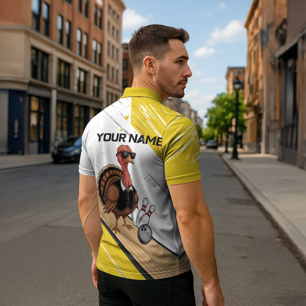 Personalized Funny Turkey Bowling Zipper Polo Shirt with Cool Sunglasses Pins Yellow and White - Wonder Print Shop