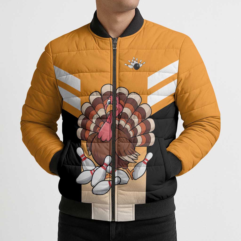 Personalized Funny Turkey Bowling Bomber Puffer Jacket with Cartoon Pins Thanksgiving - Wonder Print Shop