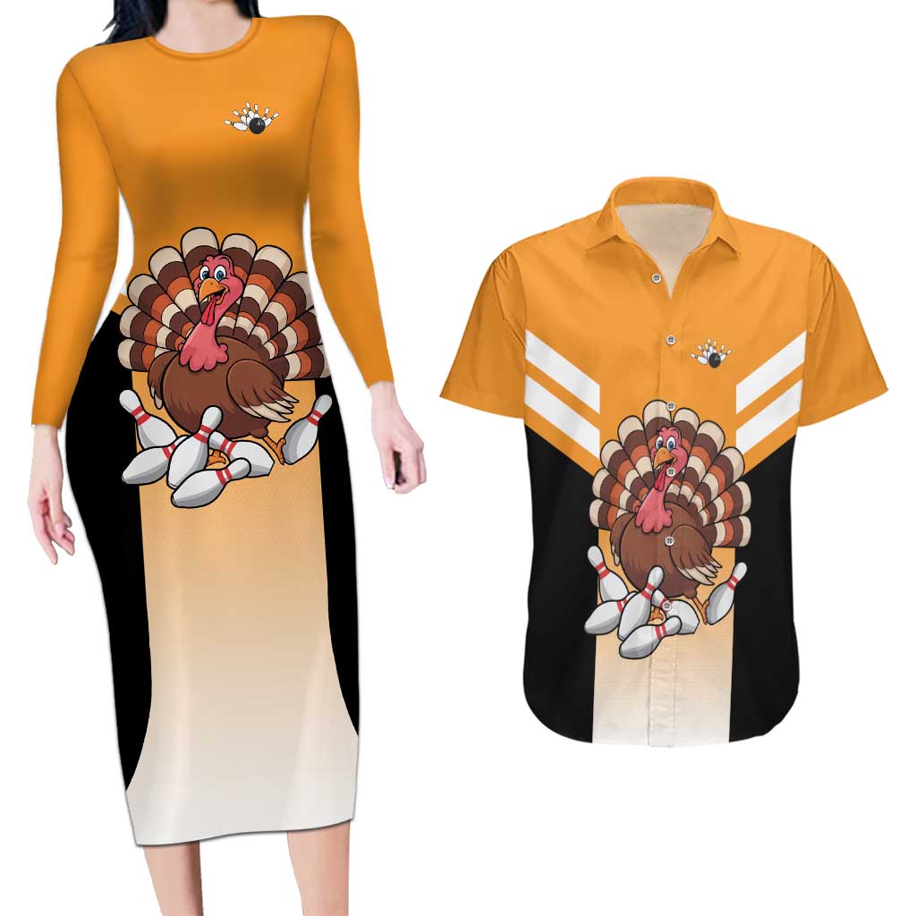 Personalized Funny Turkey Bowling Couples Matching Long Sleeve Bodycon Dress and Hawaiian Shirt with Cartoon Pins Thanksgiving - Wonder Print Shop