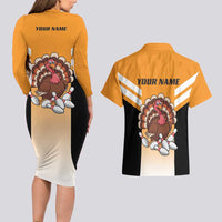 Personalized Funny Turkey Bowling Couples Matching Long Sleeve Bodycon Dress and Hawaiian Shirt with Cartoon Pins Thanksgiving - Wonder Print Shop