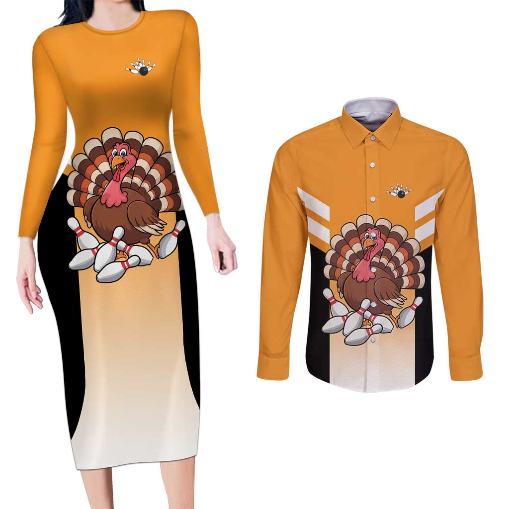 Personalized Funny Turkey Bowling Couples Matching Long Sleeve Bodycon Dress and Long Sleeve Button Shirt with Cartoon Pins Thanksgiving - Wonder Print Shop