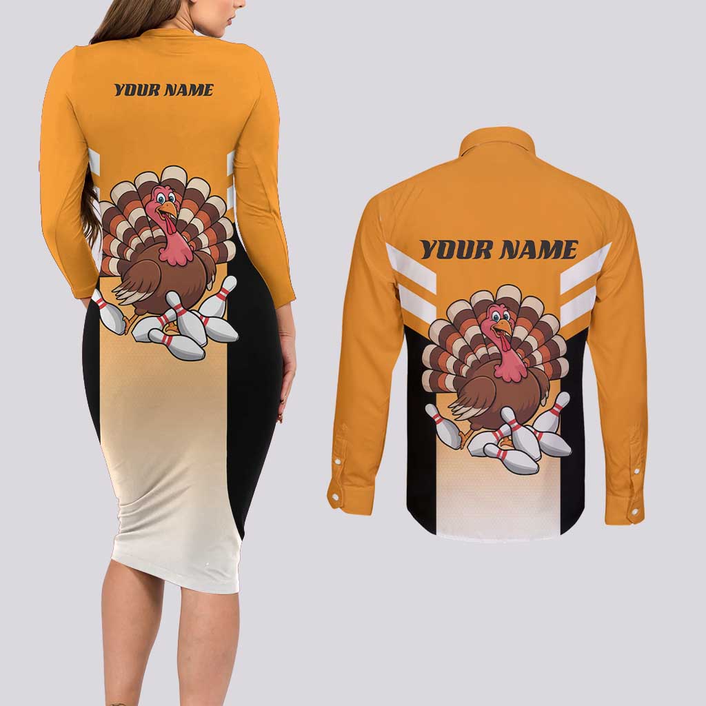 Personalized Funny Turkey Bowling Couples Matching Long Sleeve Bodycon Dress and Long Sleeve Button Shirt with Cartoon Pins Thanksgiving - Wonder Print Shop