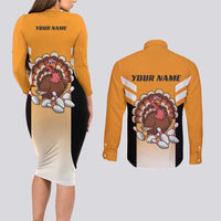 Personalized Funny Turkey Bowling Couples Matching Long Sleeve Bodycon Dress and Long Sleeve Button Shirt with Cartoon Pins Thanksgiving - Wonder Print Shop