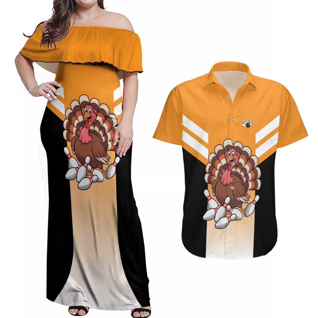 Personalized Funny Turkey Bowling Couples Matching Off Shoulder Maxi Dress and Hawaiian Shirt with Cartoon Pins Thanksgiving - Wonder Print Shop