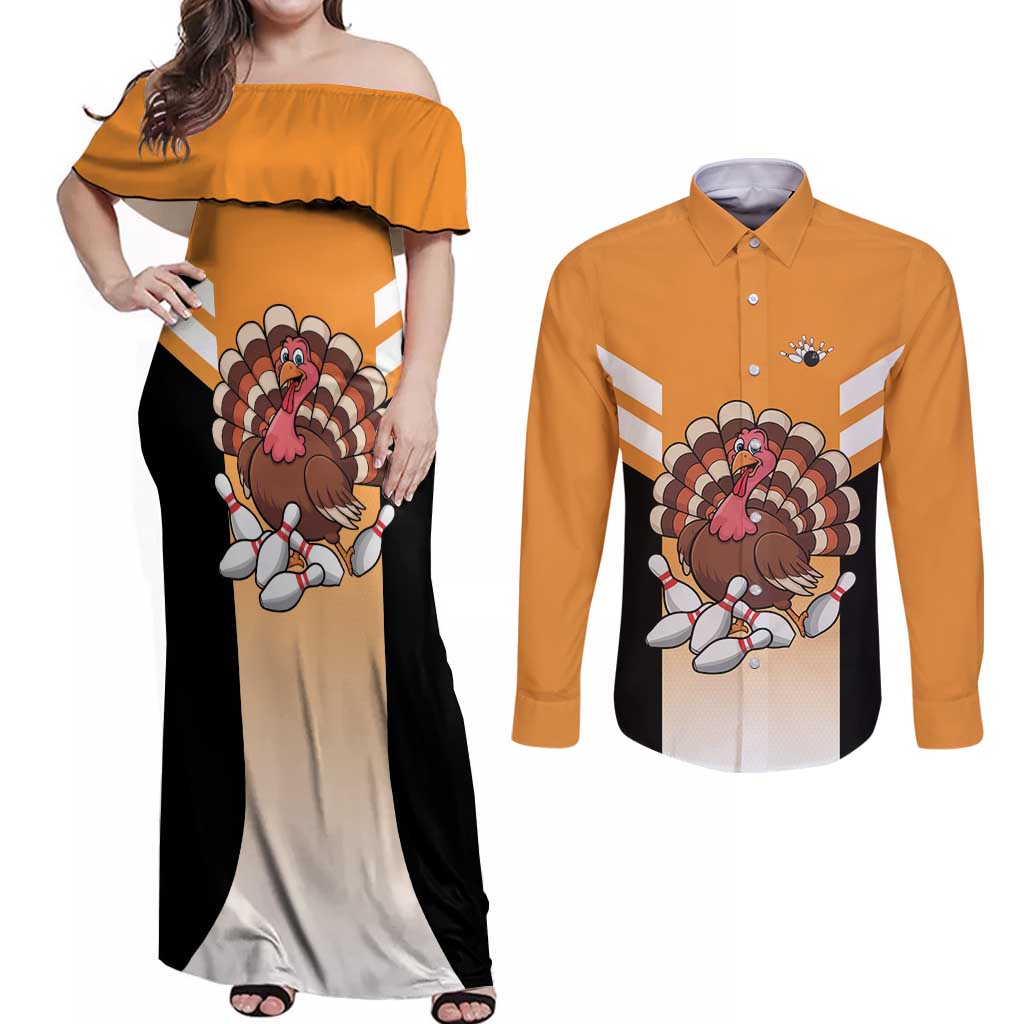 Personalized Funny Turkey Bowling Couples Matching Off Shoulder Maxi Dress and Long Sleeve Button Shirt with Cartoon Pins Thanksgiving - Wonder Print Shop