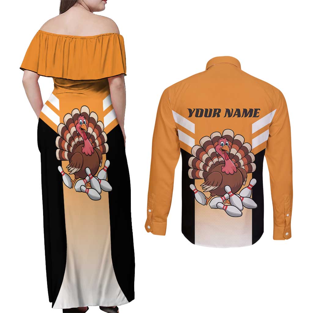 Personalized Funny Turkey Bowling Couples Matching Off Shoulder Maxi Dress and Long Sleeve Button Shirt with Cartoon Pins Thanksgiving - Wonder Print Shop
