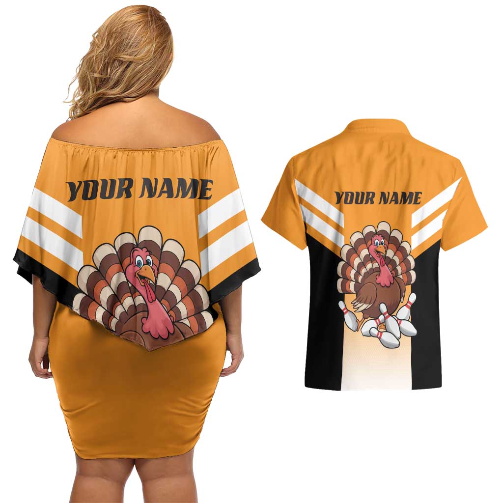 Personalized Funny Turkey Bowling Couples Matching Off Shoulder Short Dress and Hawaiian Shirt with Cartoon Pins Thanksgiving - Wonder Print Shop