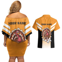 Personalized Funny Turkey Bowling Couples Matching Off Shoulder Short Dress and Hawaiian Shirt with Cartoon Pins Thanksgiving - Wonder Print Shop