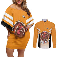 Personalized Funny Turkey Bowling Couples Matching Off Shoulder Short Dress and Long Sleeve Button Shirt with Cartoon Pins Thanksgiving - Wonder Print Shop