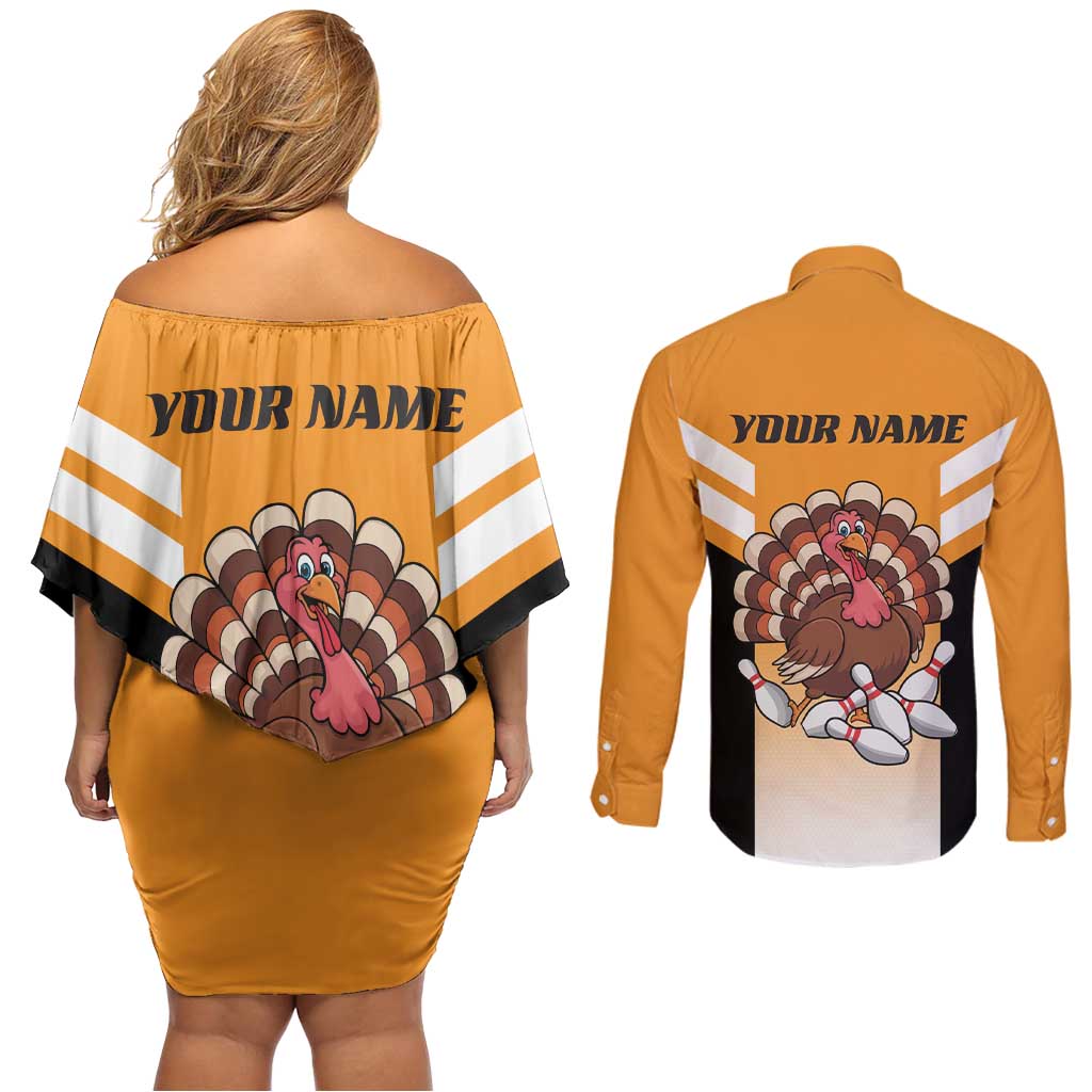 Personalized Funny Turkey Bowling Couples Matching Off Shoulder Short Dress and Long Sleeve Button Shirt with Cartoon Pins Thanksgiving - Wonder Print Shop