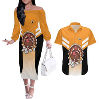 Personalized Funny Turkey Bowling Couples Matching Off The Shoulder Long Sleeve Dress and Hawaiian Shirt with Cartoon Pins Thanksgiving - Wonder Print Shop