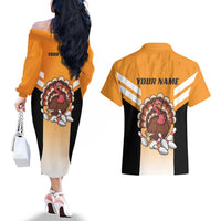 Personalized Funny Turkey Bowling Couples Matching Off The Shoulder Long Sleeve Dress and Hawaiian Shirt with Cartoon Pins Thanksgiving - Wonder Print Shop