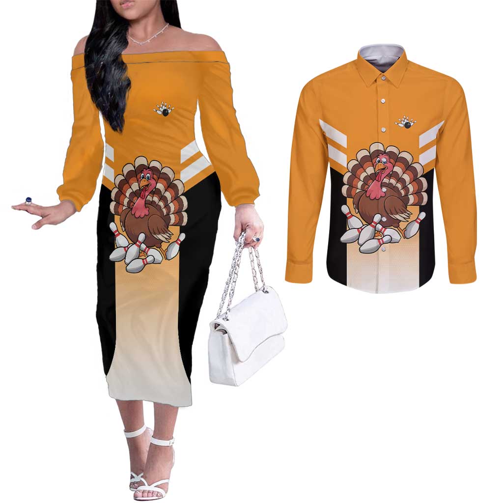 Personalized Funny Turkey Bowling Couples Matching Off The Shoulder Long Sleeve Dress and Long Sleeve Button Shirt with Cartoon Pins Thanksgiving - Wonder Print Shop