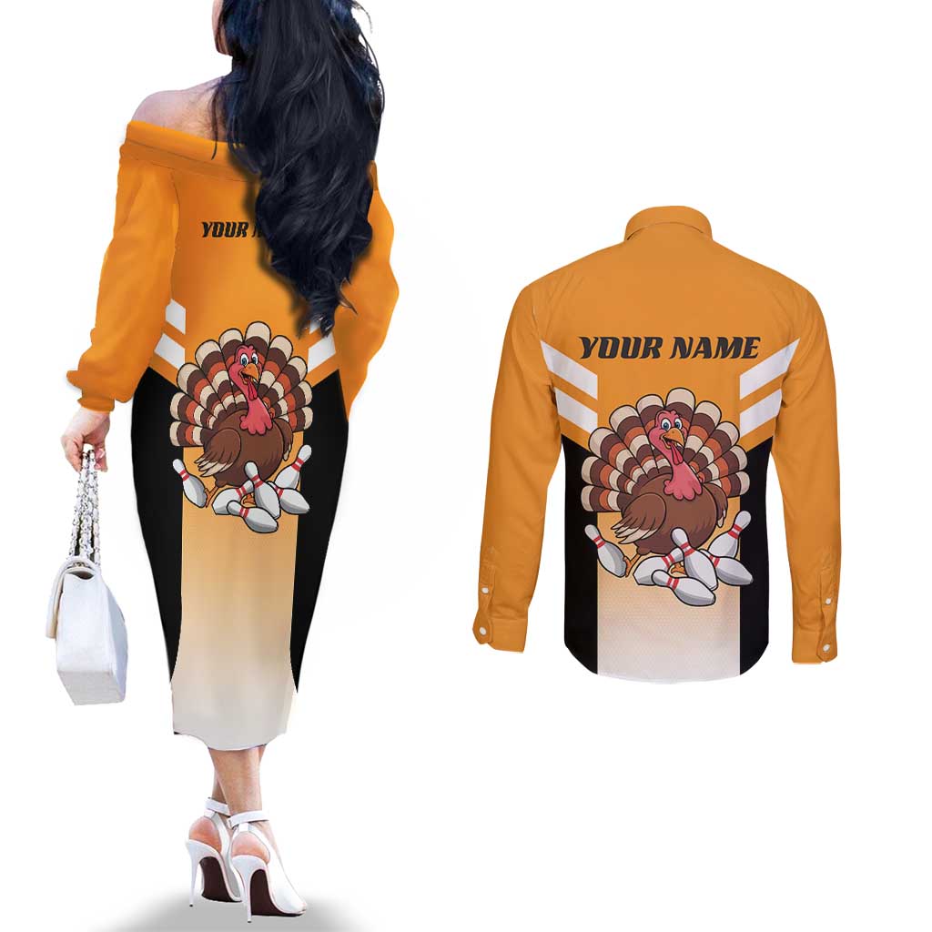 Personalized Funny Turkey Bowling Couples Matching Off The Shoulder Long Sleeve Dress and Long Sleeve Button Shirt with Cartoon Pins Thanksgiving - Wonder Print Shop